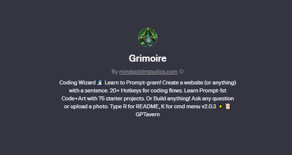 Grimoire chatgpt screenshot, best gpts for coding