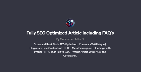 Fully SEO Optimized Article including FAQ's, Best Custom GPTS for SEO